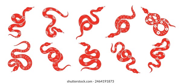 Conjunto de Vector de diseño de serpiente del Año Nuevo chino. Elemento signo del zodiaco año de la serpiente con el patrón de flor de cerezo en color rojo serpiente. Diseño de ilustración de fondo, tarjeta, pegatina, calendario.