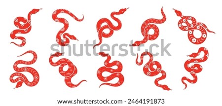 Chinese New Year snake design vector set. Element zodiac sign year of the snake with cherry blossom flower pattern on snake red color. Illustration design of background, card, sticker, calendar.