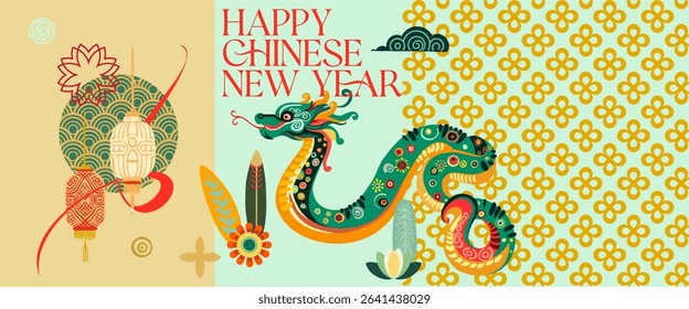 Chinese New Year, Year of the Snake, Year of the Dragon. Fully editable Asian New Year poster in vibrant colors with typography. Digital illustration in flat style.