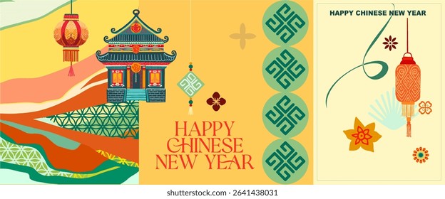 Chinese New Year, Year of the Snake, Year of the Dragon. Fully editable Asian New Year poster in vibrant colors with typography. Digital illustration in flat style.