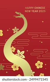 Chinese new year of the snake gold silhouette on flowers background with oriental auspicious clouds. Lunar new year gold and red greeting card.