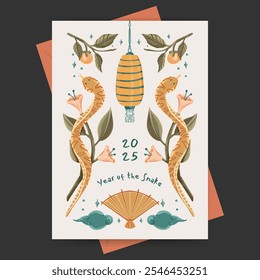 Chinese new year, year of the snake illustration with flowers, plant and oriental ornament for greeting card, poster, or banner. 