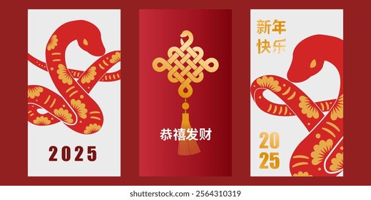 Chinese new year of the snake with chinese knot Translation : Wishing you to be prosperous in the coming year (middle), Happy new year (right)