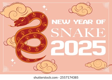 Chinese New Year of snake. Pink pastel horizontal banner with a snake, clouds, sparkles, and New Year of Snake 2025 text