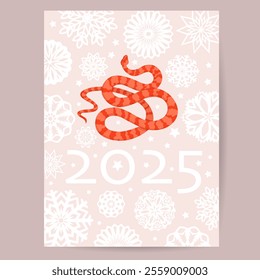 Chinese New Year of the Snake poster with snowflakes decor. Template of greeting banner with wriggling snake. Cover for calendar or postcard. Vector illustration.