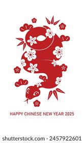 Chinese new year of the snake red paper cutting design with three friends of winter plants, plum, bamboo and pine pattern. Lunar new year 2025 greeting card.