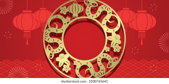  Chinese new year of the snake round frame template background. New year of the snake gold paper cutting frame template for banner.