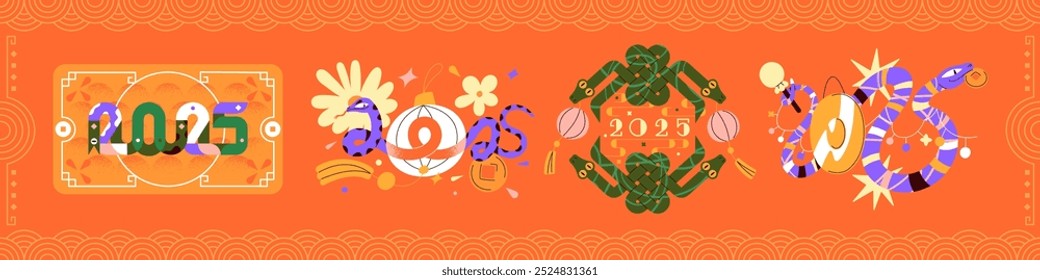 Chinese New Year of snake set. Asian symbol of 2025, curved serpents. Abstract reptile is sign of 2k25 in astrology. Concept of lunar calendar, oriental zodiac. Flat isolated vector illustrations