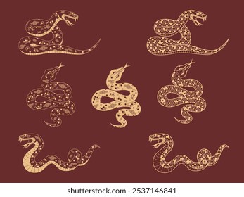 Conjunto de serpientes del Año Nuevo chino. Vector signo del zodiaco año de la serpiente con adorno geométrico. Elementos aislados en el fondo rojo para el diseño festivo, fondo, tarjeta, Anuncio, cartel