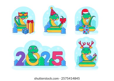 Chinese new year snake set In masquerade costume, accepts gifts, smiles affably. Symbol of 2025 Chinese calendar year. Cartoon vector sticker collection on blue snowy background