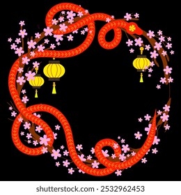 Chinese New Year of the snake template design with red snake and beautiful sakura flowers background on black background