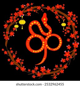 Chinese New Year of the snake template design with red snake and beautiful sakura flowers background on black background
