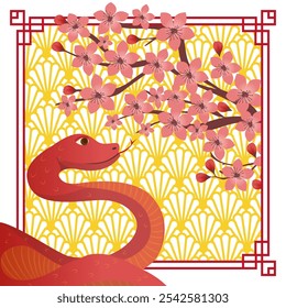 Chinese New Year of the Snake vector. 2025 year . Elegant oriental illustration with year symbol and fan. For cover, banner, website, calendar.