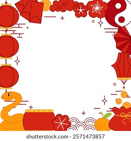 Chinese new year of snake vector graphic line circle round frame , New Year background material. 
