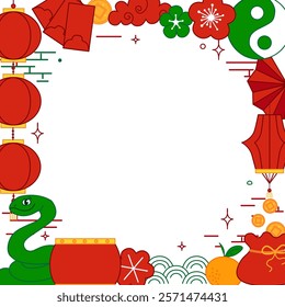 Chinese new year of snake vector graphic line square frame, New Year background material. Green snake, transparent background
