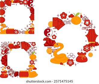Chinese New year of snake vector graphic line round circle frame set. style banner frame scroll board decoration on transparent background
