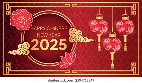 Chinese New Year. Year of the snake. Zodiac sign. Modern trendy design. Symbol of 2025. Reptile. Mascot. Banner. Clouds, flowers. Calendar. Gold. 3d. Lunar concept. Paper cut. Elements. Lanterns