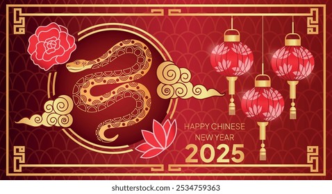 Ano Novo Chinês. Ano da cobra. Sinal zodíaco. Moderno conceito moderno. Símbolo de 2025. Répteis. Mascote.  Fogos de artifício. Faixa. Nuvens, flores. Calendário. 3 quinquies. Conceito lunar. Corte de papel. Elementos. Lanterna