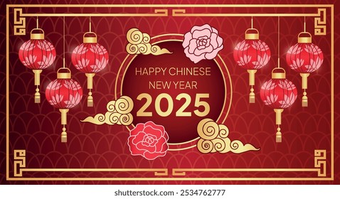 Chinese New Year. Year of the snake. Zodiac. Modern trendy elements. Symbol of 2025. Banner. Clouds, flowers. Calendar. 3d. Lunar concept. Paper cut. Animal. Lanterns. Pattern. Line art. Traditional