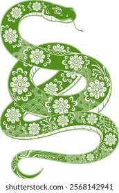 Chinese New Year Of The Snake Zodiac Green Snake With Decorative Patterns. Vector Hand Drawn Illustration Isolated On Transparent Background