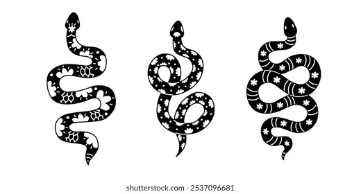 Chinese New Year snakes simple flat shape contour line. Astrology zodiac signs year of the snake with flower pattern on transparent background. Card, logo, tattoo, sticker, calendar.