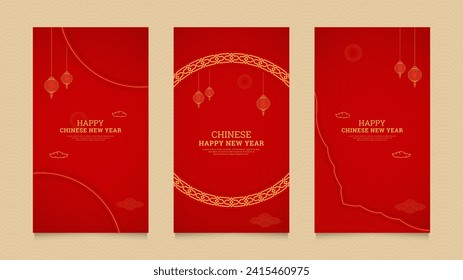 Chinese New Year Social Media Stories Collection Template with Chinese Pattern Brushes Border and Chinese Style Lanterns