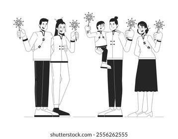 Chinese New Year sparklers lighting linear illustration. Asian people in spring festival costumes celebrating cny holiday 2D line characters isolated on white. Monochrome vector outline image