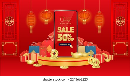 Chinese new year. Special offer sale 50% off campaign in smartphone on product podium scene with gift box, red envelopes, lantern and gold coin. Promo ad social media luxury style design. 3D Vector.