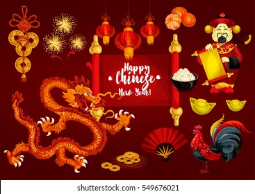 Chinese New Year, Spring Festival Greeting Card. Golden Coin, Animal Zodiac Rooster, Red Paper Lantern, Mandarin Fruit, Dancing Dragon, God Of Wealth With Paper Scroll, Firework, Dumpling, Gold Ingot