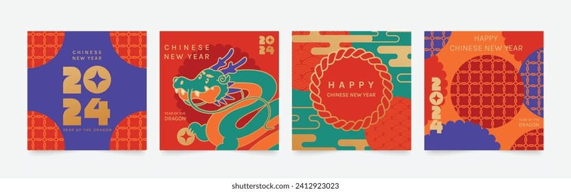 Chinese New Year square cover background vector. Year of the dragon design with dragon, pattern, cloud, coin. Modern oriental illustration for cover, banner, website, social media, poster, card.