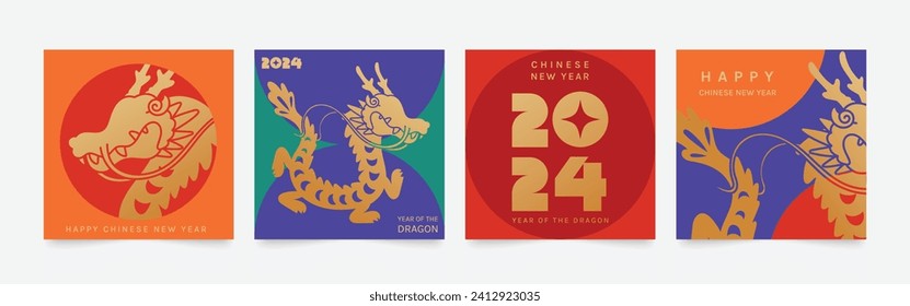 Vector de fondo de la cubierta cuadrada de Año Nuevo chino. Año del diseño del dragón con dragón dorado, círculo colorido. Ilustración oriental moderna para portada, banner, sitio web, medios sociales, tarjeta, afiche.