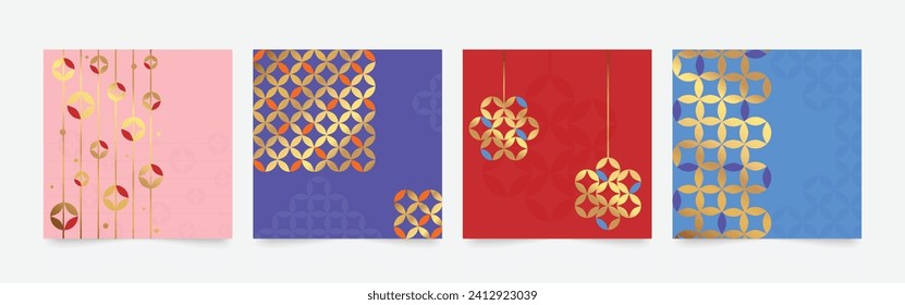 Chinese New Year square cover background vector. Year of the dragon design with oriental pattern, coin, sparkle. Modern oriental illustration for cover, banner, website, social media.