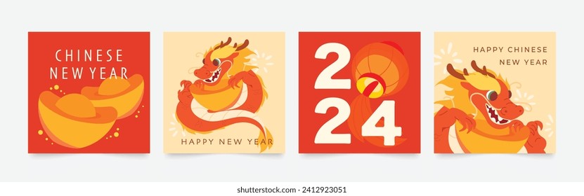 Chinese New Year square cover background vector. Year of the dragon design with dragon, lantern, firework, ingots gold. Modern oriental illustration for cover, banner, website, social media.