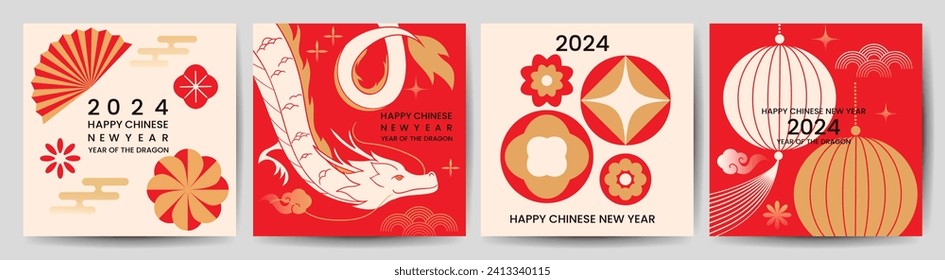 Chinese New Year square cover background vector. Year of the dragon design with dragon, lantern, pattern, cloud, fan, flower. Modern oriental illustration for cover, banner, website, social media.