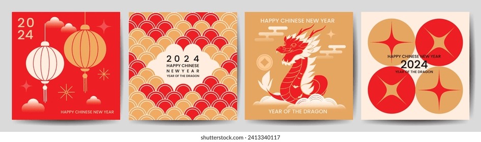 Chinese New Year square cover background vector. Year of the dragon design with dragon, lantern, firework, pattern, cloud. Modern oriental illustration for cover, banner, website, social media.