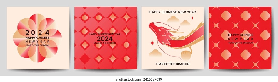 Chinese New Year square cover background vector. Year of the dragon design with dragon, pattern, flower, sparkle, cloud. Modern oriental illustration for cover, banner, website, social media.