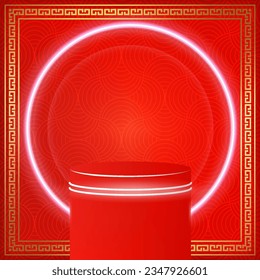 chinese new year square oriental podium background red and gold gong xi fa cai template design