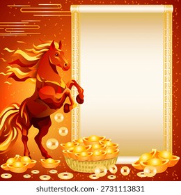 Chinese New Year square vector illustration with fire horse, golden yuanbao and coins and empty space for text