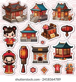 Chinese new year sticker pack set printable vector illustration