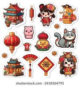 Chinese new year sticker pack set printable vector illustration