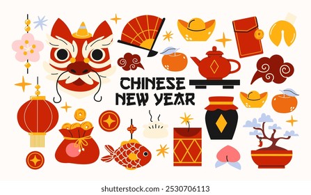 Chinese New Year stickers. Asian folk traditions, lunar New Year, mythical dragon, lantern, red envelope. Colorful shapes and holiday decorations, happy Lunar Year