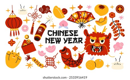 Chinese New Year stickers. Asian folk traditions, lunar New Year, mythical dragon, lantern, red envelope. Colorful shapes and holiday decorations, happy Lunar Year