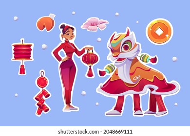 Chinese New Year Stickers With Lion Dance Costume, Red Lantern, Bells And Asian Girl. Vector Cartoon Icons Set Of Traditional China Decoration, Fortune Cookies, Coin And Flower