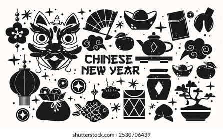 Chinese New Year stickers pattern. Asian folk traditions, lunar New Year, mythical dragon, lantern, red envelope. Colorful shapes and holiday decorations, happy Lunar Year