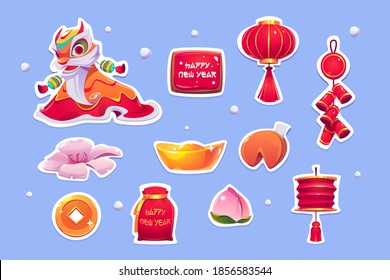 Chinese New Year stickers. Traditional symbols of China dragon, prediction cookie, red lantern, flower bud and blooming blossom, golden coin with square hole, sack with gift, hat. Cartoon vector set