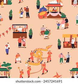 Chinese New Year street market, festive pattern. Asian festival celebration in Chinatown, seamless holiday print, background for textile, fabric, wrapping. Endless repeating flat vector illustration