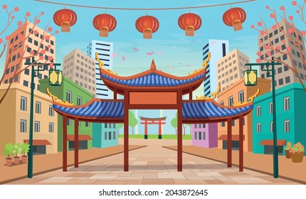 Chinese New Year Street. Panorama chinese street with  houses, chinese arch, lanterns and a garland. Vector illustration of city street in cartoon style.