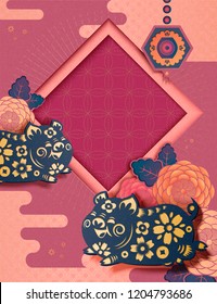 Chinese new year style background with fuchsia background with flying piggy and peony pattern in paper art style