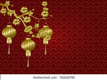 Chinese New Year. Stylized copper, bronze Chinese lanterns on a cherry branch. Sakura. red background. Vector illustration