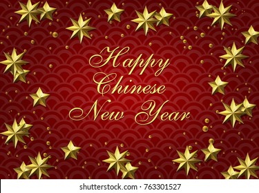 Chinese New Year. Stylized copper, bronze stars on a red background. Congratulatory inscription. Vector illustration